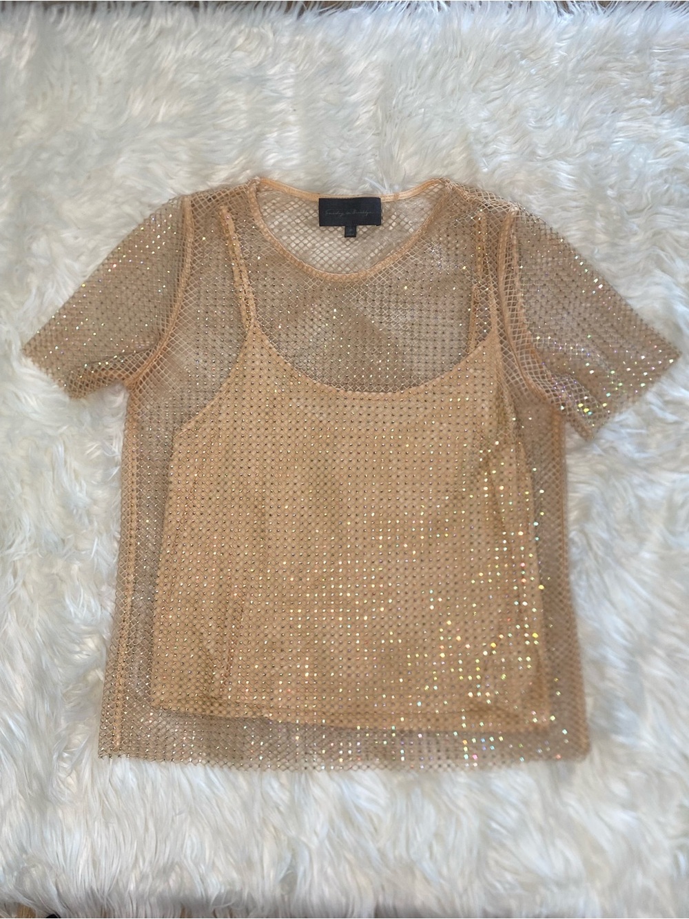 Sunday in Brooklyn Shimmer Mesh Crop Top in Champagne Gold